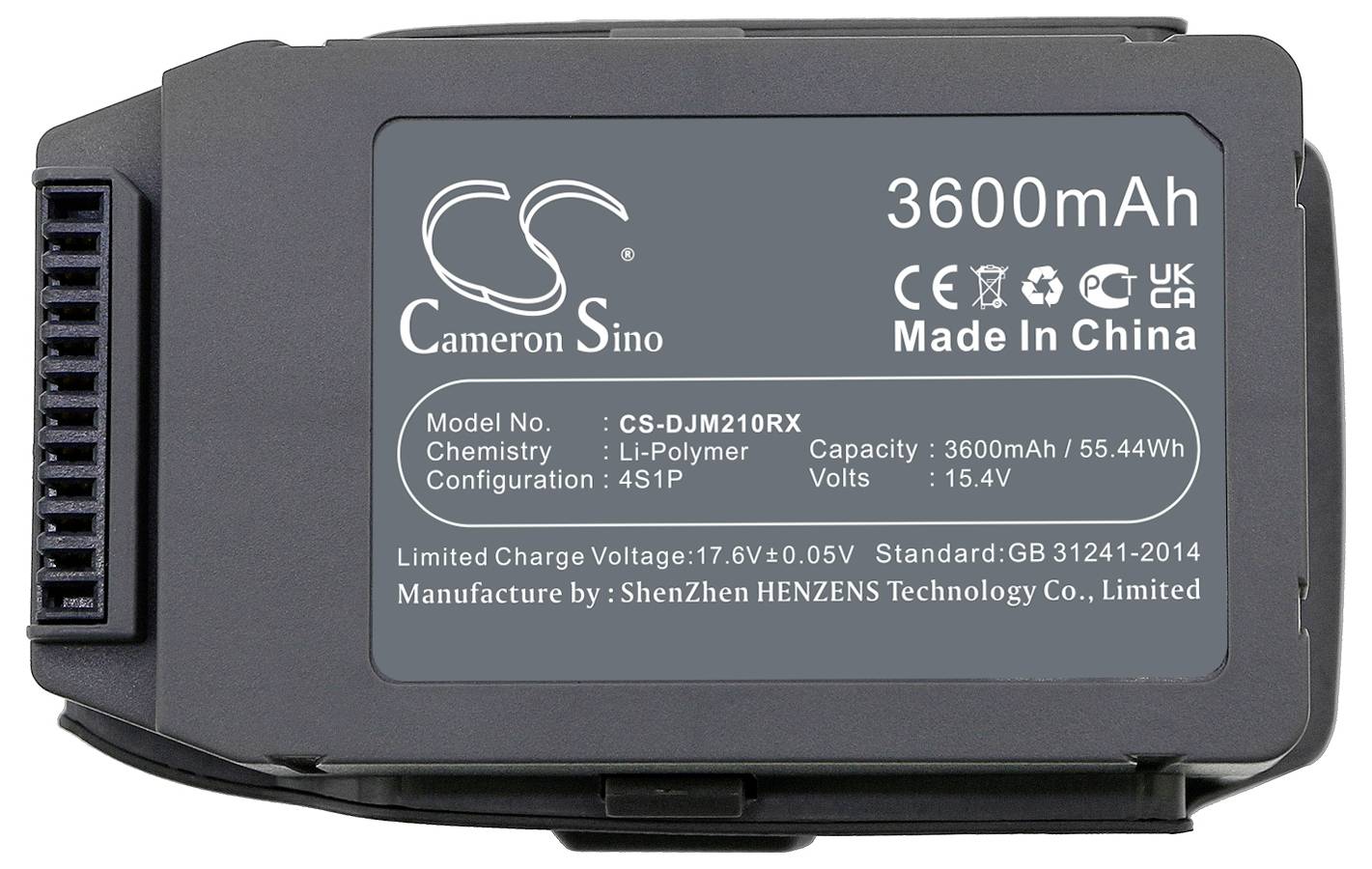 Eine schwarze Batterie mit der Aufschrift: '3600mAh, Model No.: CS-DJM210RX, Li-Polymer, 15.4V, Made in China, von ShenZhen HENZENS Technology Co., Ltd.'