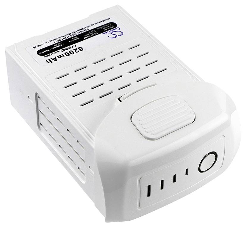 Weiße Batterie mit Aufschrift '5200mAh', Lüftungsschlitzen, Befestigungsknopf und Ein-/Ausschalter.
