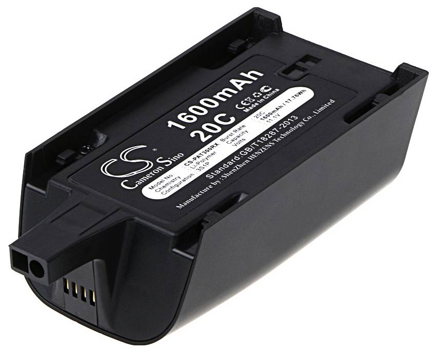 Ein schwarzer Lithium-Ionen-Akku mit der Aufschrift '1600mAh 20C'. Herstellerinformationen und technische Details sind sichtbar.