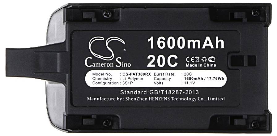 'Li-Polymer Akku, 1600mAh, 11.1V, 20C' steht auf einem schwarzen Batterieetikett. Hersteller: ShenZhen HENZENS Technology Co. Made in China.