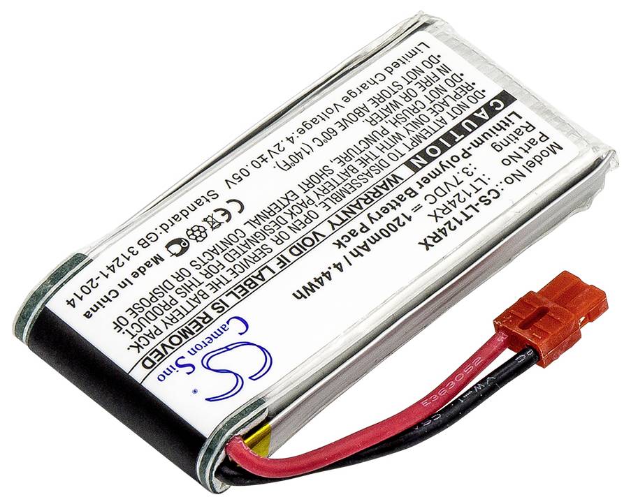 Rechteckiger Lithium-Ionen-Akku mit roten und schwarzen Anschlussdrähten und einem roten Stecker, nebenstehender Text beschreibt Spezifikationen.