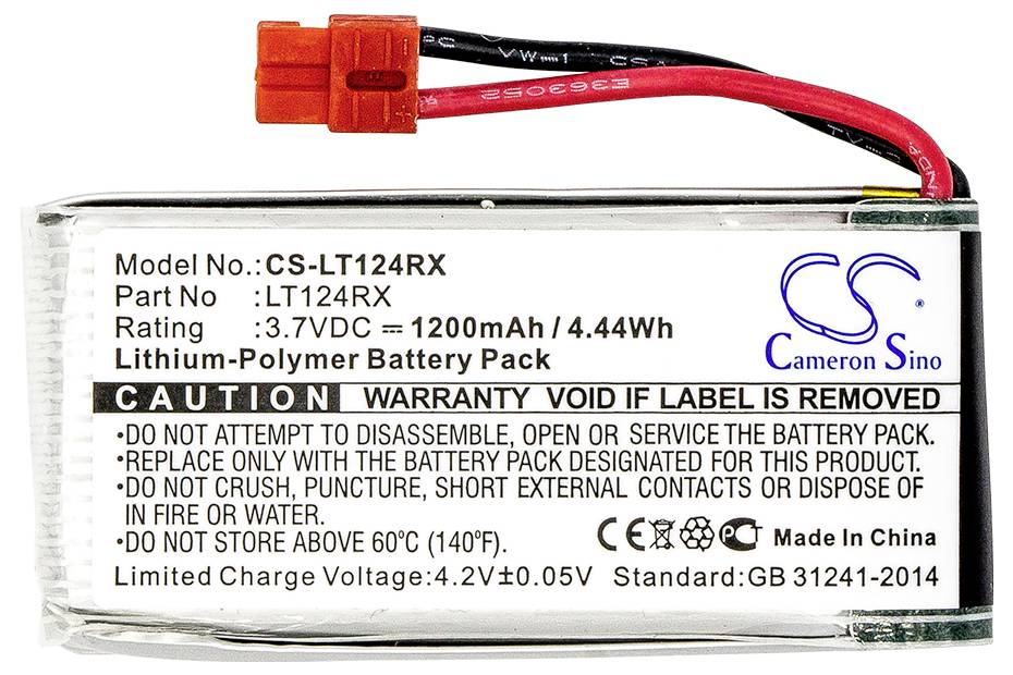 Lithium-Polymer-Batterie mit 3.7 V, 1200 mAh Kapazität. Warnung: Nicht zerlegen oder ins Feuer werfen. Garantie erlischt bei Entfernen des Etiketts.