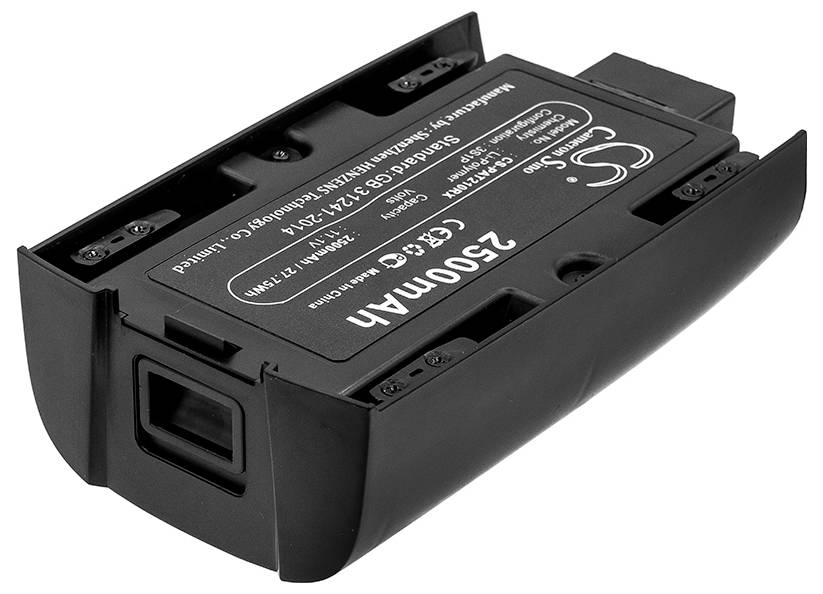 Ein rechteckiger, schwarzer Akku mit einer Kapazität von 2500mAh, darauf befindlichen Spezifikationen und Zeichen für positive und negative Pole.