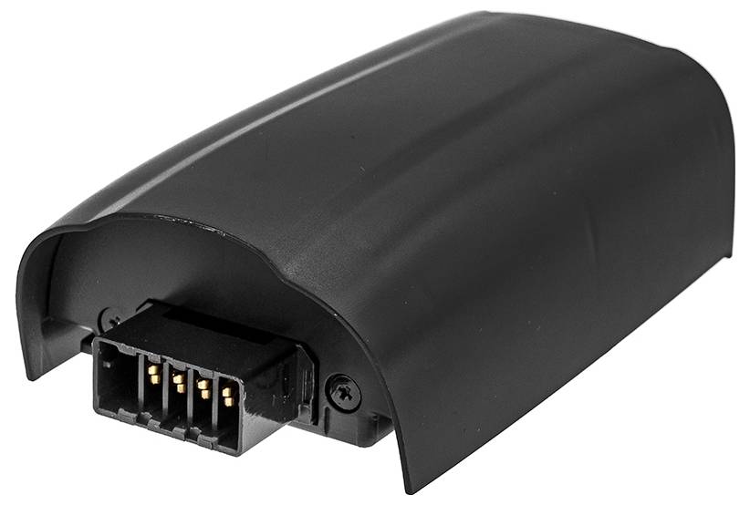 Schwarzer Lithium-Ionen-Akku mit Steckverbindung und abgerundeter Form. Einsatz für elektronische Geräte, bietet portable Energie.