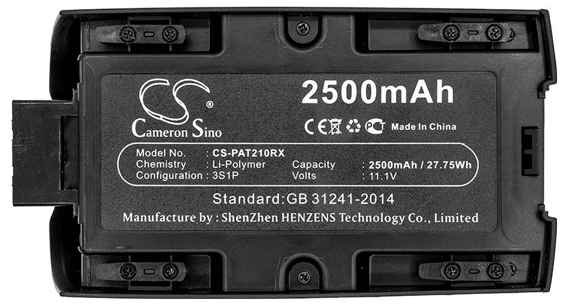 Ein schwarzer Akku mit der Aufschrift '2500mAh', Lithium-Polymer, Modellnummer CS-PAT210RX. Hersteller: ShenZhen Henzens Technology Co., Limited.