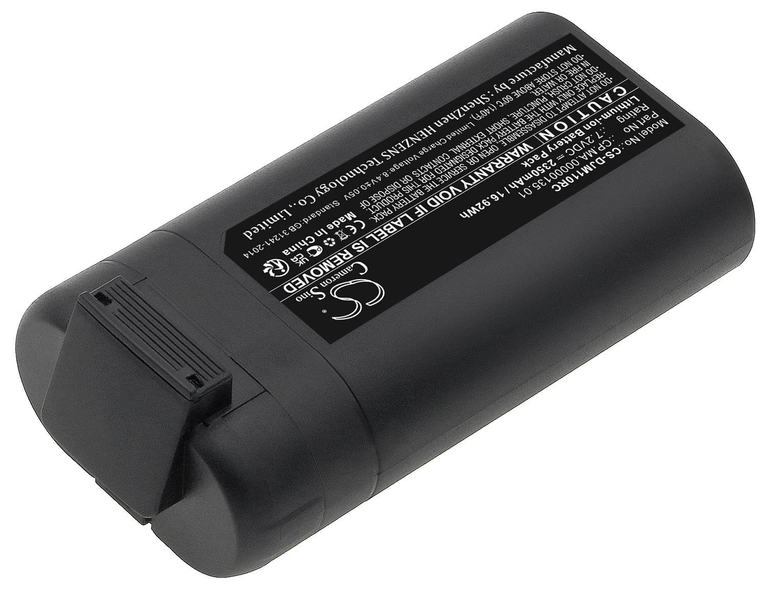 Schwarze Lithium-Ionen-Batterie mit detaillierten Sicherheitswarnungen und Zertifizierungslogos für elektronische Geräte.