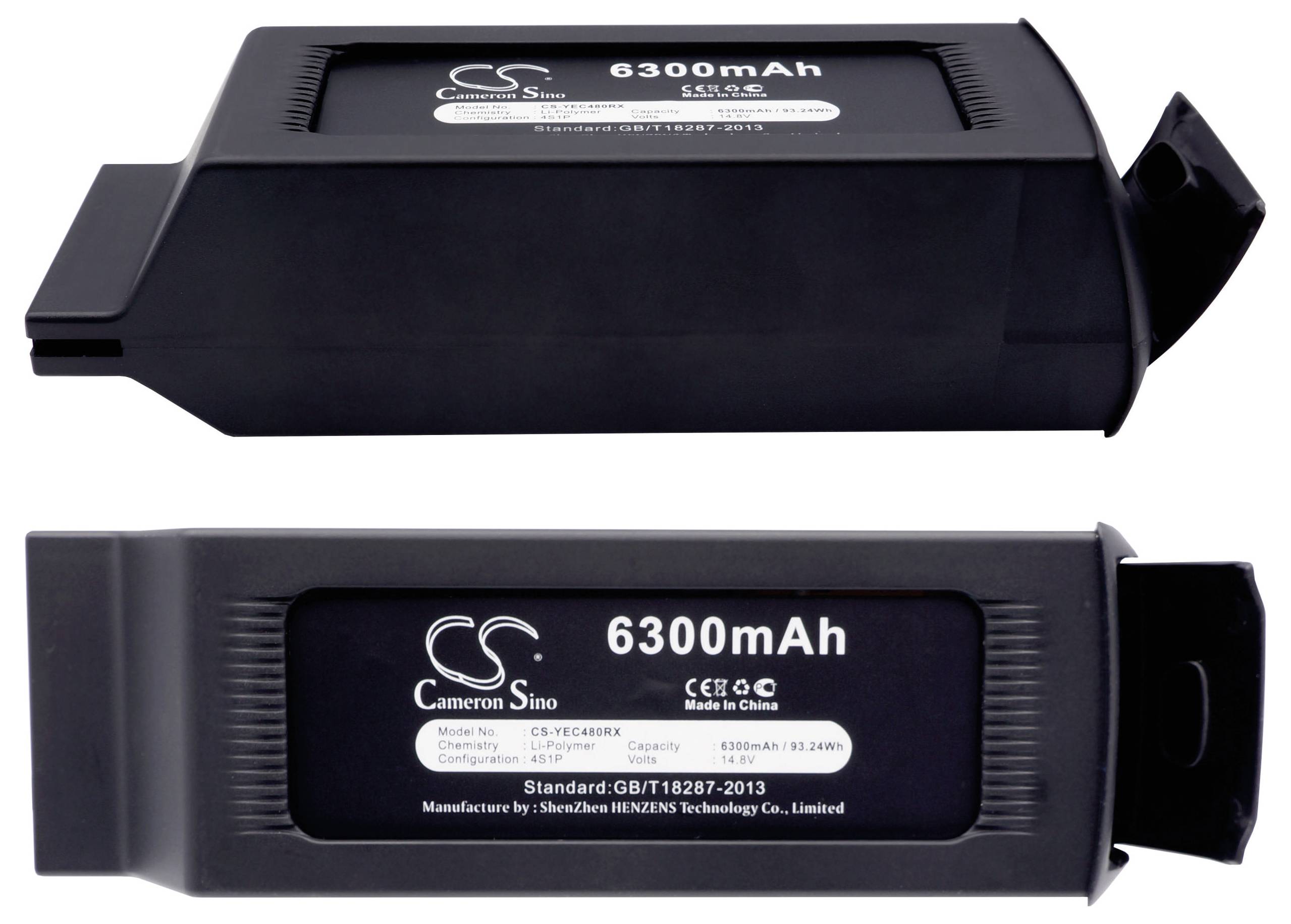 Zwei schwarze Lithium-Ionen-Batterien mit der Aufschrift '6300mAh'. Eine zeigt die Vorderseite, die andere die Rückseite.
