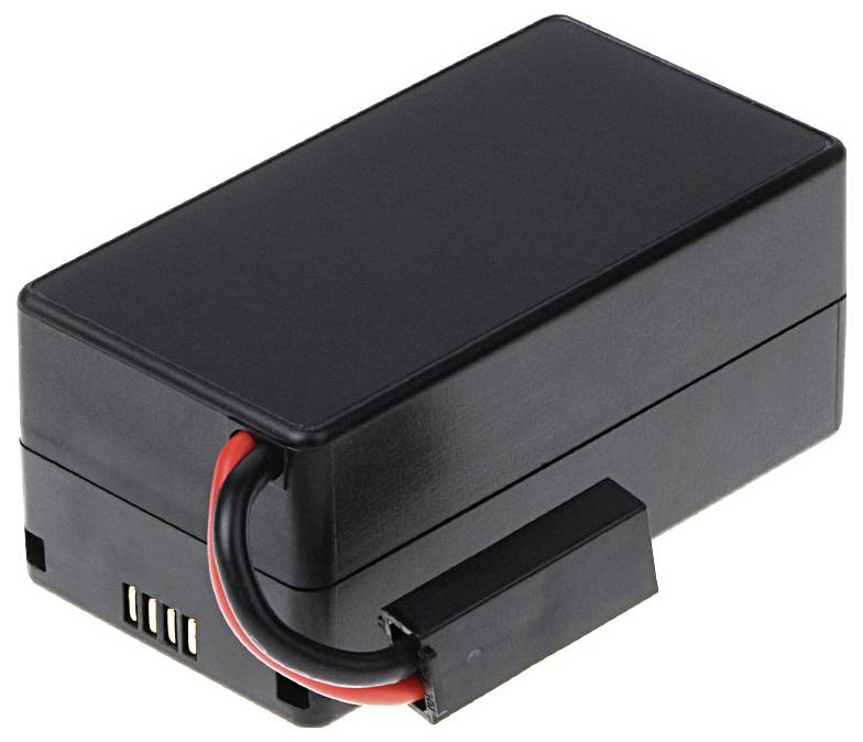 Ein schwarzer, rechteckiger Akku mit einem roten und schwarzen Kabel an der Seite, möglicherweise für ein elektronisches Gerät.
