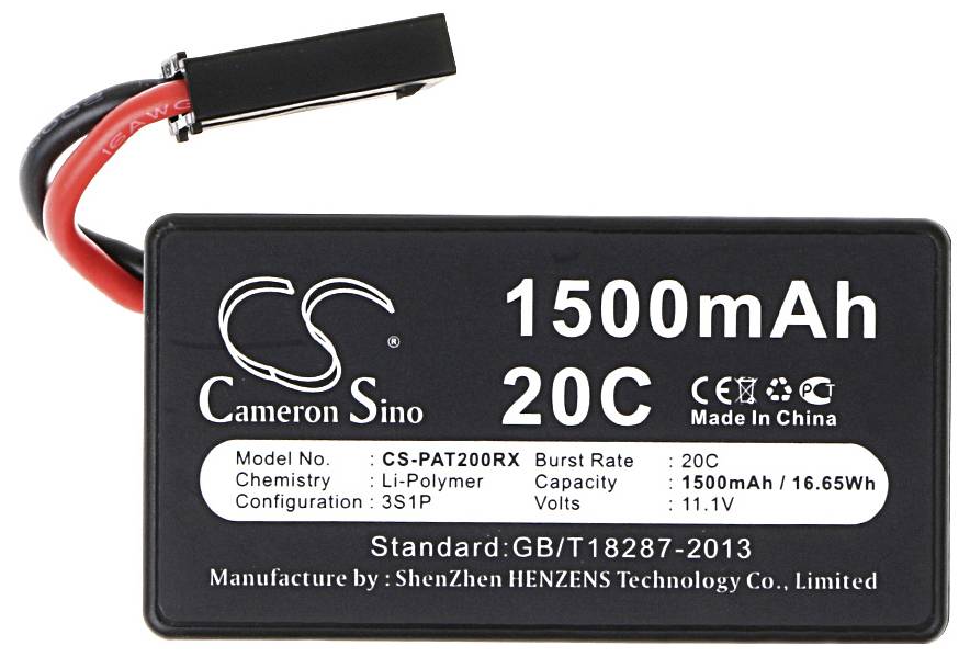 Ein schwarzer Akku mit der Aufschrift '1500mAh 20C'. Lithium-Polymer-Typ, Kapazität 1500mAh, Spannung 11,1V. Hersteller: Cameron Sino.