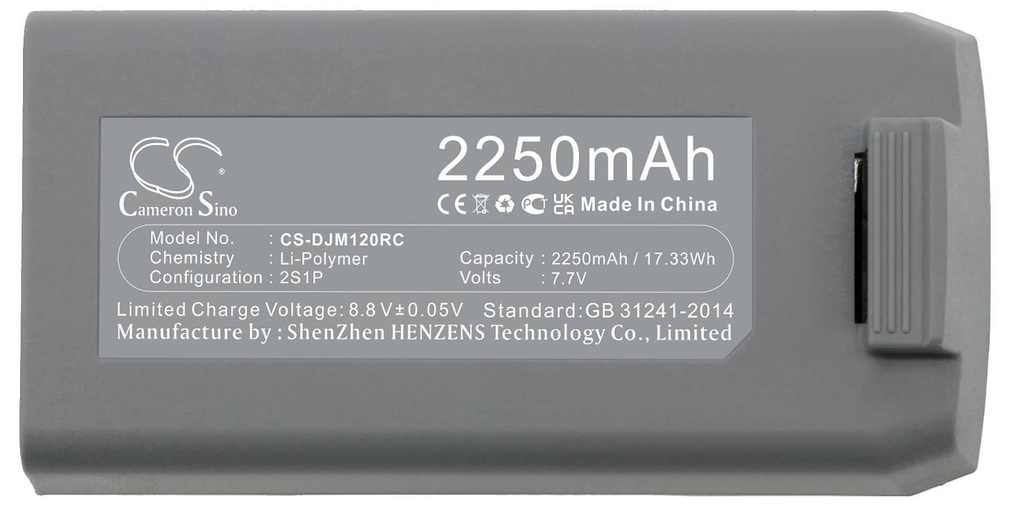 Graue Batterie mit Aufschrift '2250mAh'. Hergestellt in China, Li-Polymer-Technologie, Spannung 7,7V, Kapazität 2250mAh/17,33Wh.