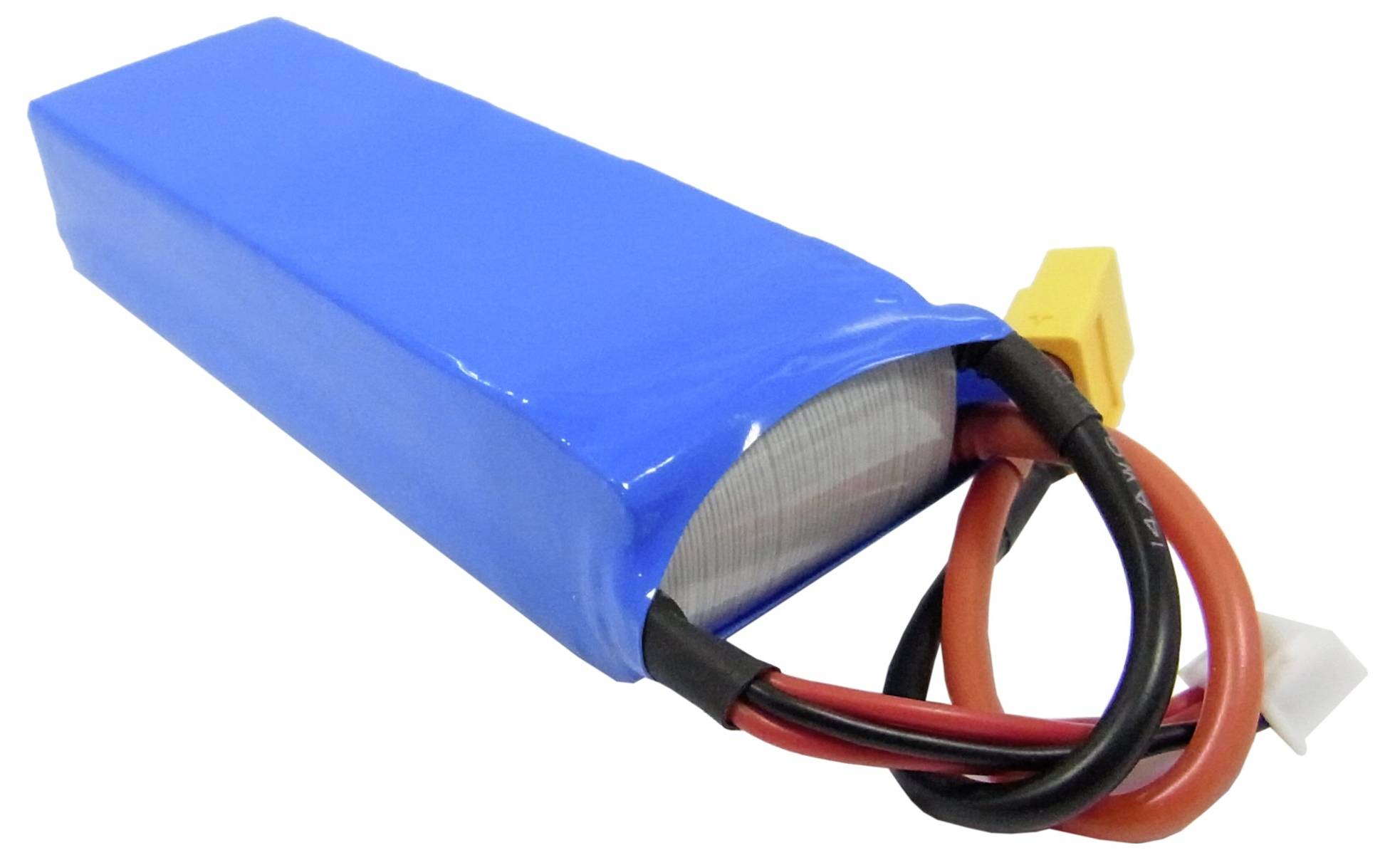 Ein blauer Lithium-Polymer-Akku mit Kabeln und Steckern, bereit zum Anschließen an ein Gerät.