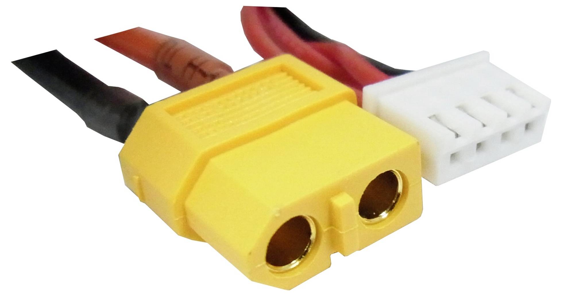 Ein gelber XT60-Stecker und ein weißer JST-Stecker mit verbundenen Kabeln sind abgebildet. Sie werden häufig in elektronischen Anwendungen genutzt.