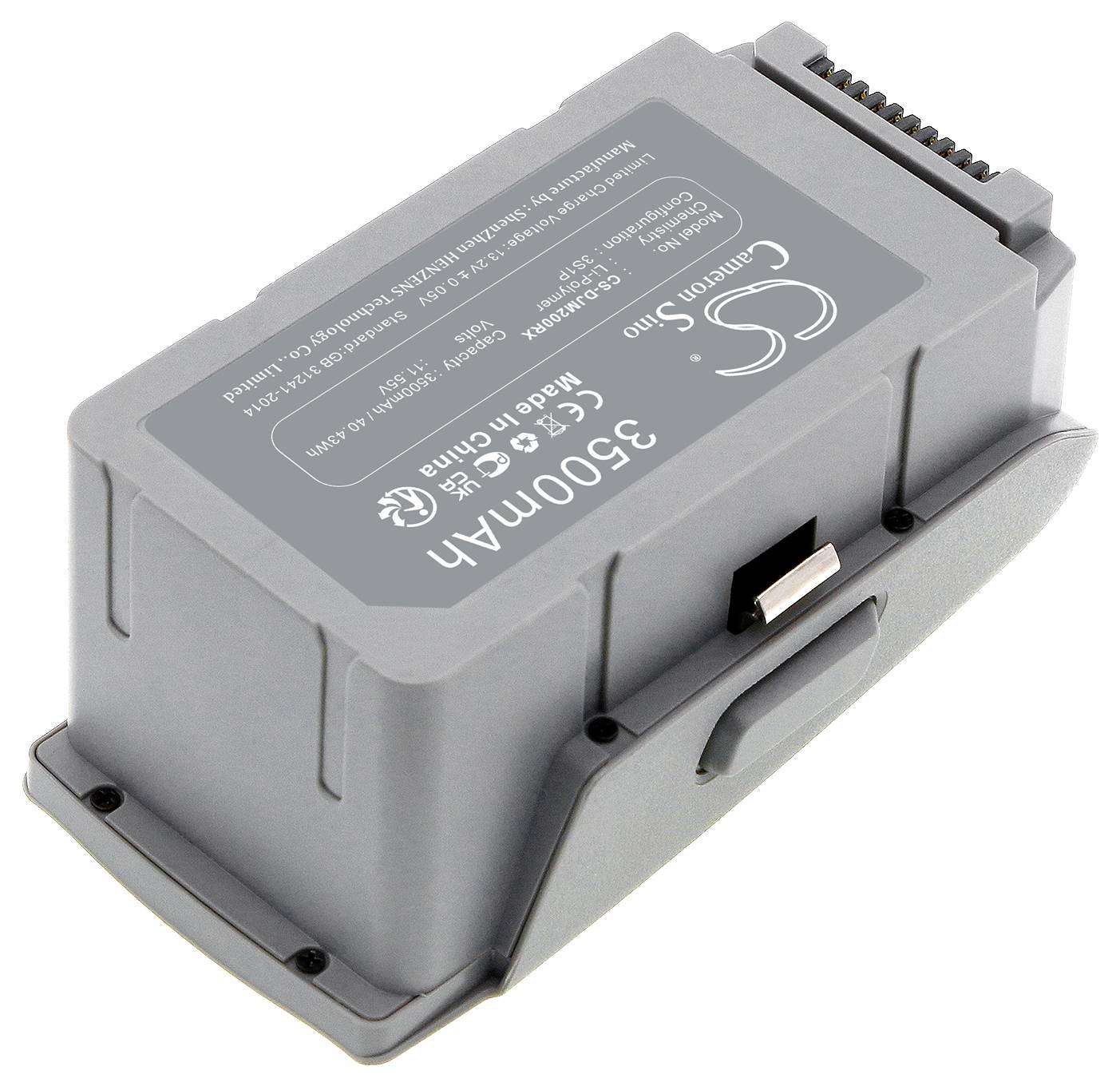 'Silberfarbener Lithium-Ionen-Akku mit einer Kapazität von 3600 mAh, Aufschrift zeigt Herstellungsinformationen und Sicherheitszertifikate.'
