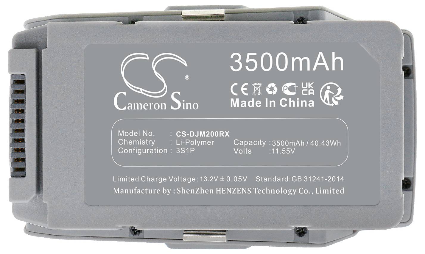 Grauer Akku mit weißem Text, der eine Kapazität von '3500mAh' und eine Spannung von '11.5V' anzeigt. Produktspezifikationen und Markenname sind ebenfalls sichtbar.