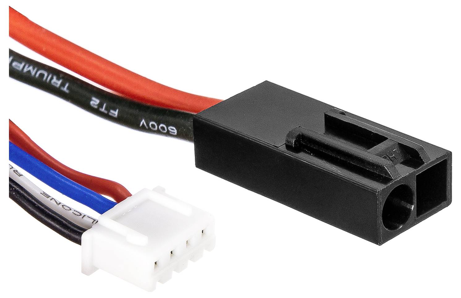 'Schwarzer und weißer Kabelstecker mit roten, blauen und schwarzen Kabeln. Verbindungsstück für elektronische Geräte.'