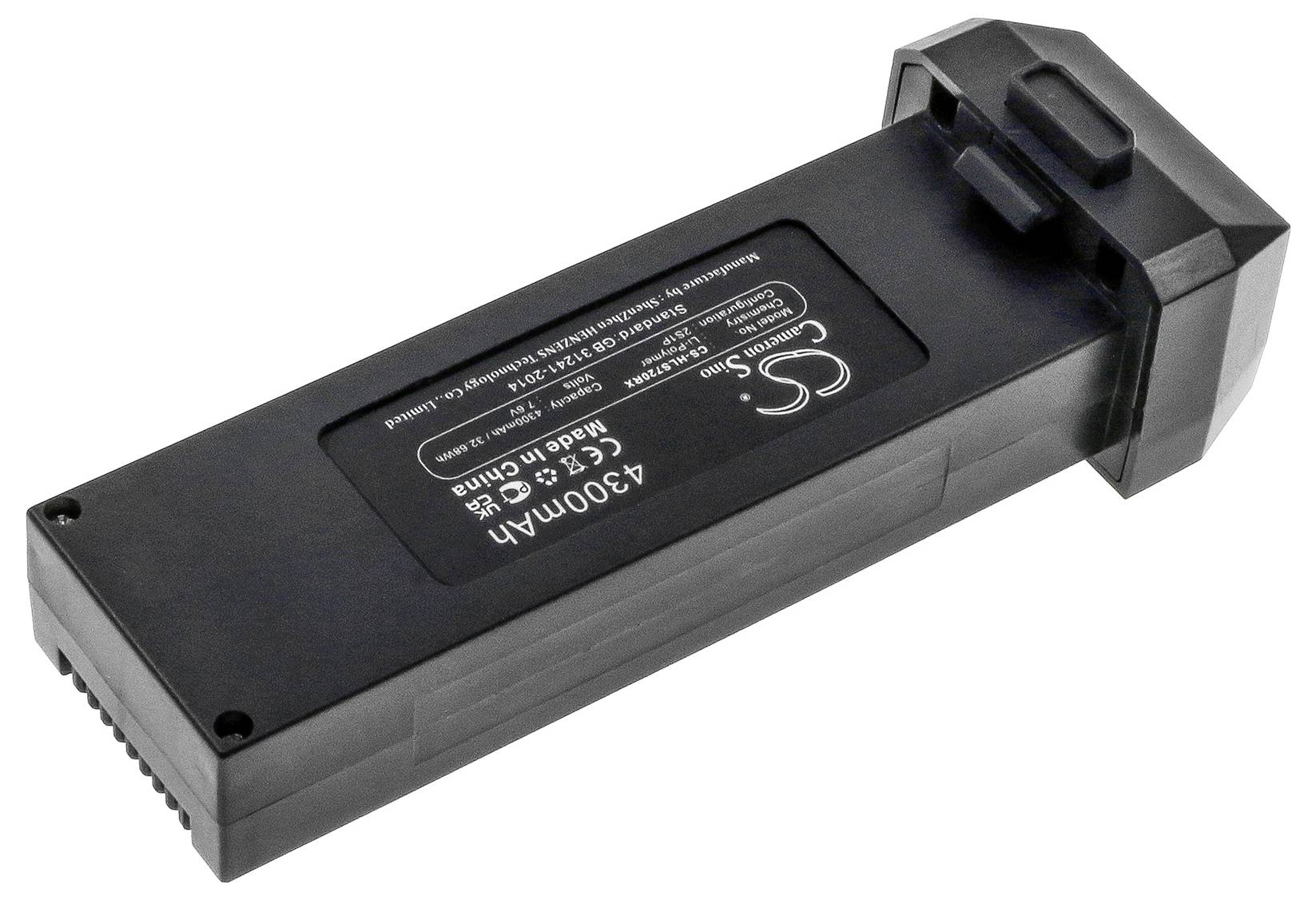 Schwarzer Akkupack mit 4300mAh Kapazität, rechteckige Form, mit Aufschrift 'Made in China', Anschlüsse an einem Ende sichtbar.
