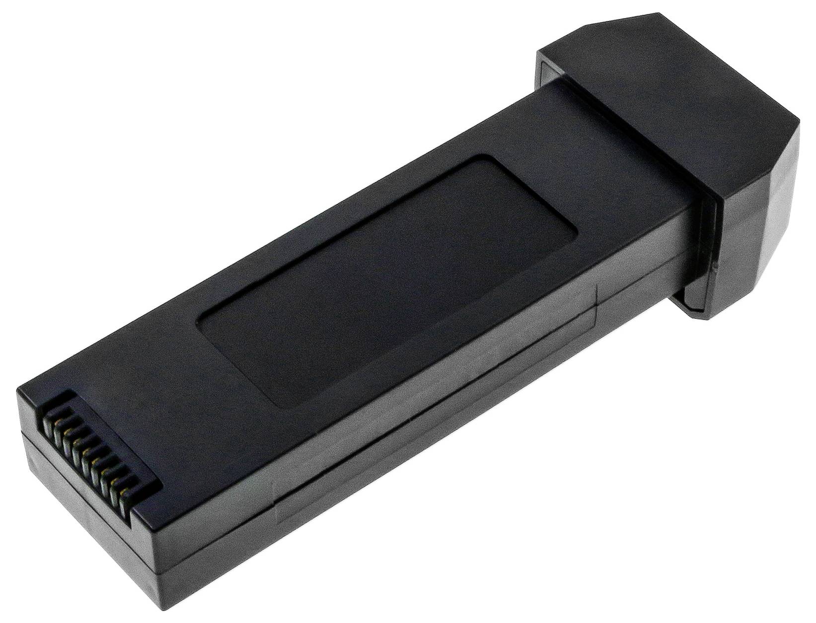 Ein schwarzes elektronisches Gerät, wahrscheinlich ein Adapter oder Konnektor, mit mehreren metallischen Kontakten an einem Ende.