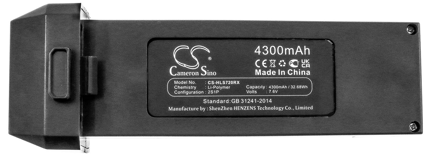 Schwarzer Lithium-Polymer-Akku, 4300mAh, Modell CS-HLI278RX, hergestellt in China von Shenzhen Henzens Technology Co. Limited.