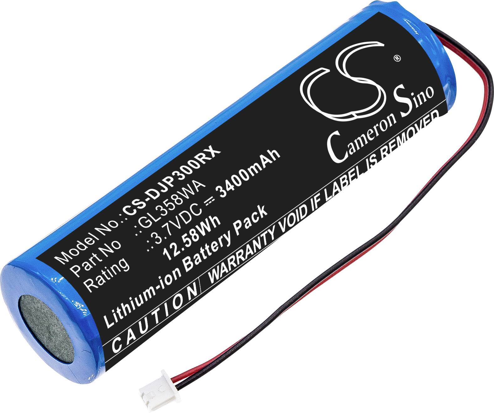 Lithium-Ionen-Akkupack mit Modell 'CS-DJB300RX', Nennspannung 3,7 V und Kapazität 3400 mAh, schwarzes Etikett mit weißem Text.