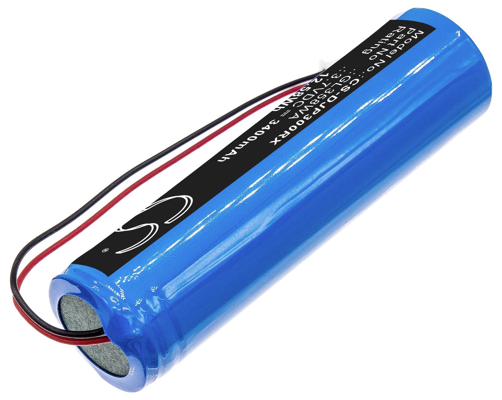 Blaue zylindrische Batterie mit zwei Drähten, Modellnummer und Spezifikationen auf dem Etikett.