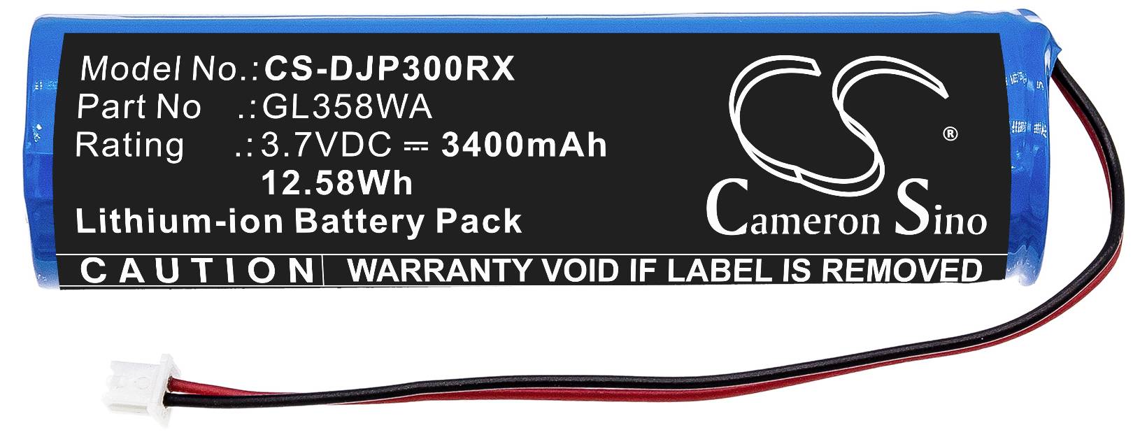Lithium-Ionen-Akku, Modell: CS-DJP300RX, 3,7V, 3400mAh, 12,58Wh. Kabel mit weißem Stecker. Warnhinweis: Garantie erlischt bei Entfernung des Etiketts.