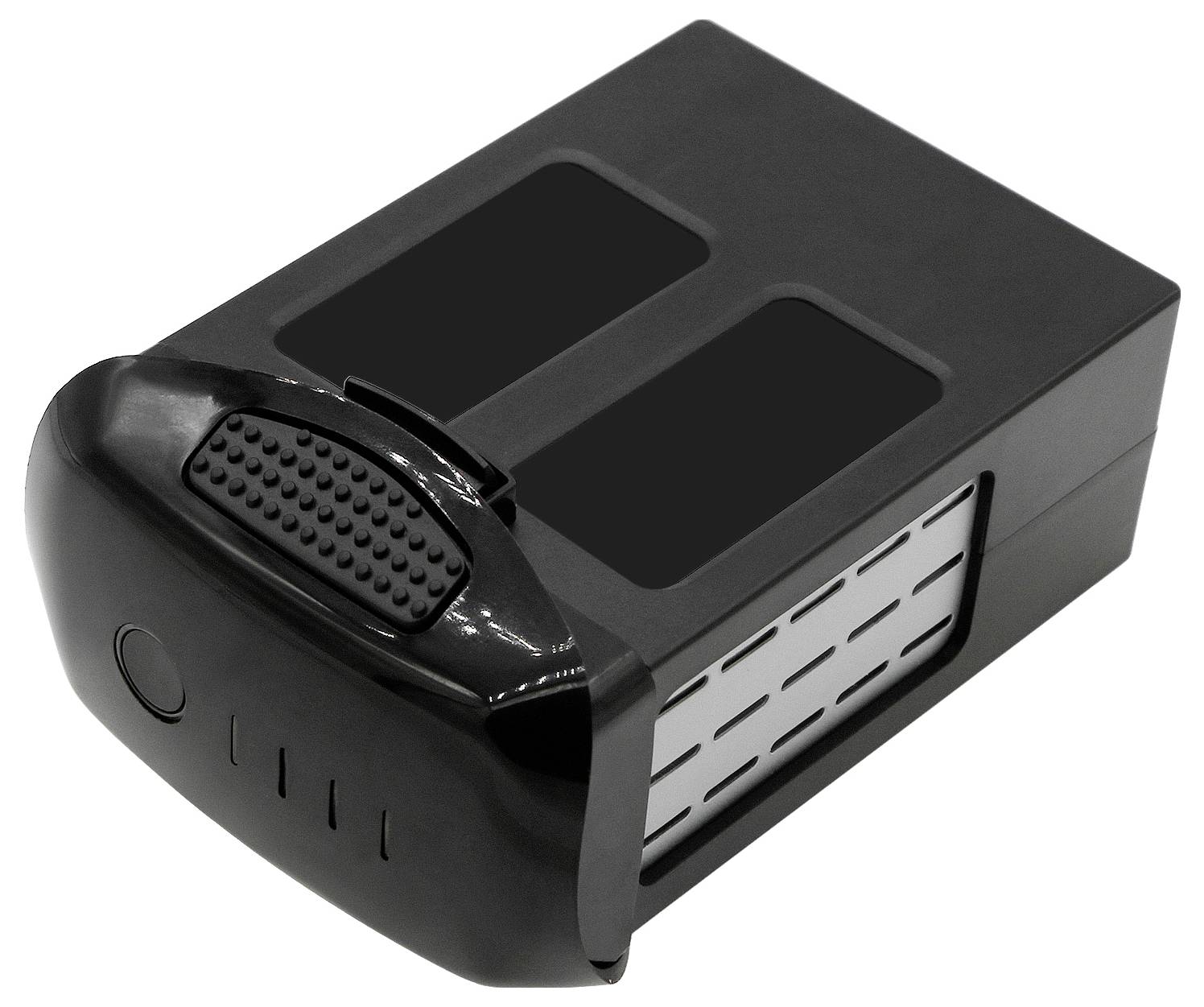 Eine schwarze, rechteckige Drohnenbatterie mit Ladezustandsanzeige, Lüftungsschlitzen an der Seite und einem Knopf oben.