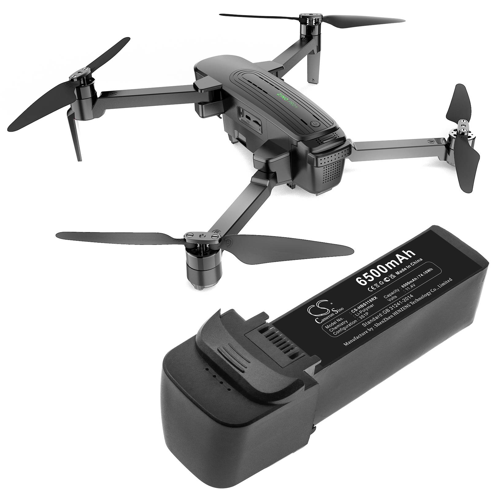 Eine schwarze Drohne mit vier Rotorblättern, zusammen mit einem herausnehmbaren Akku mit der Aufschrift '6500mAh', im Vordergrund.