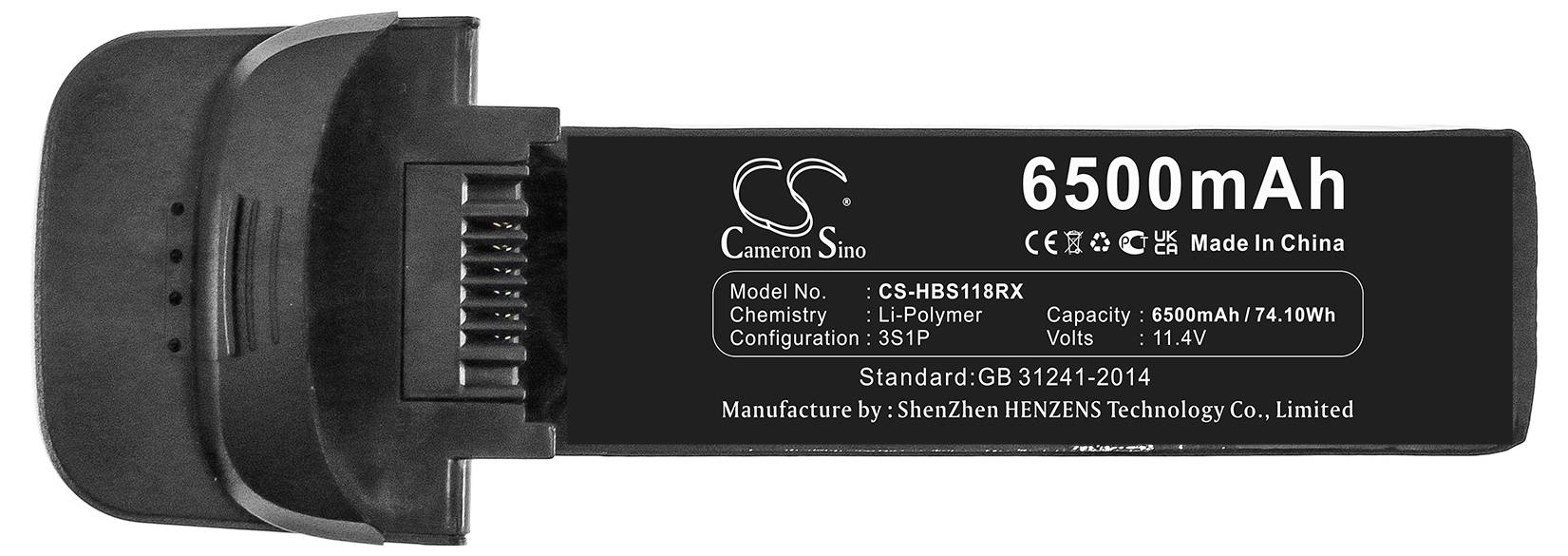 'Schwarzer Akku mit der Aufschrift \`6500mAh\`, chemisches Element \`Li-Polymer\`, Spannung \`11.4V\`. Hersteller: ShenZhen HENZENS Technology Co., Limited.'
