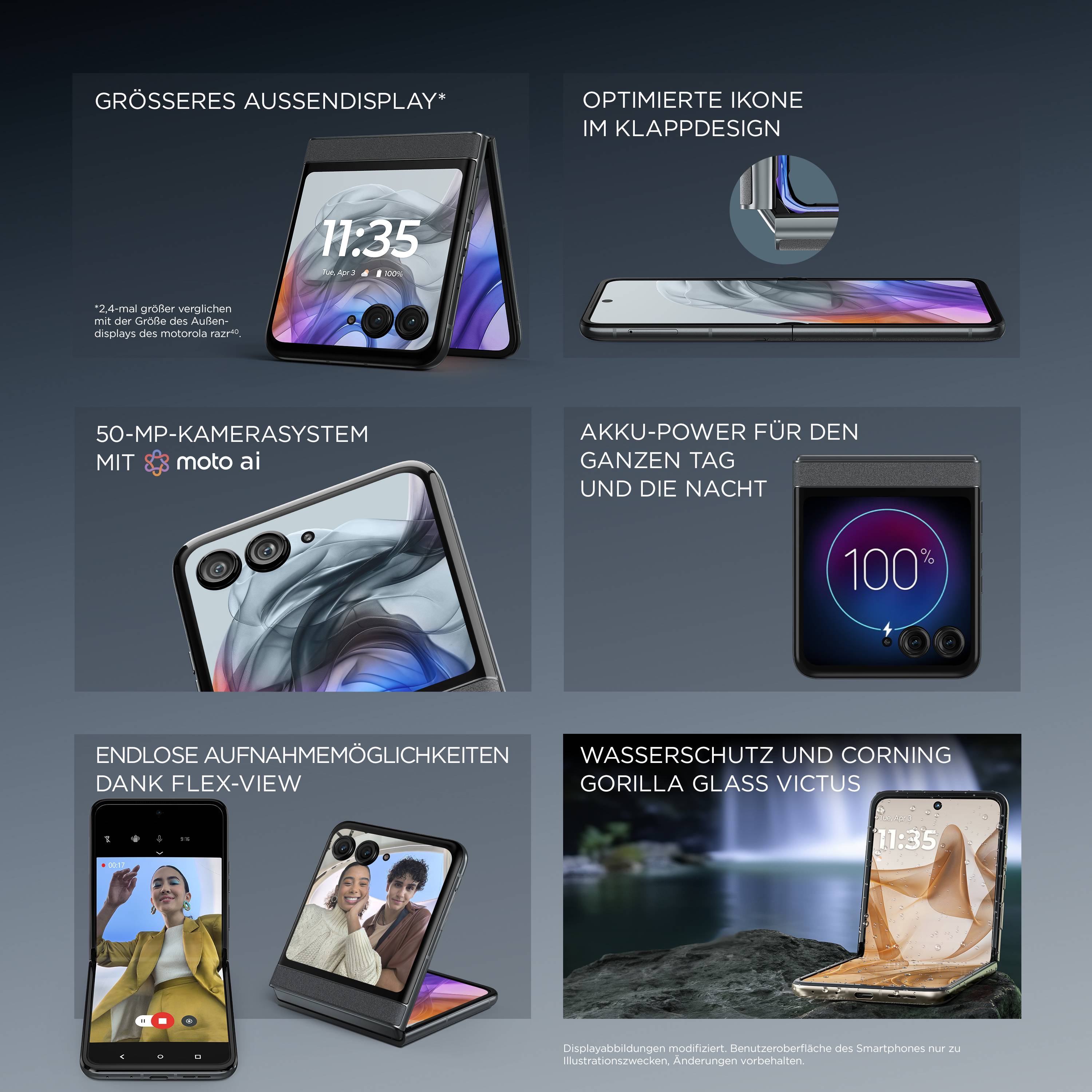 'Smartphone-Design: Großes Außendisplay, optimierte Icons, 50-MP-Kamerasystem, Akku-Power, vielseitige Aufnahmeoptionen, Gorilla Glass Victus.'