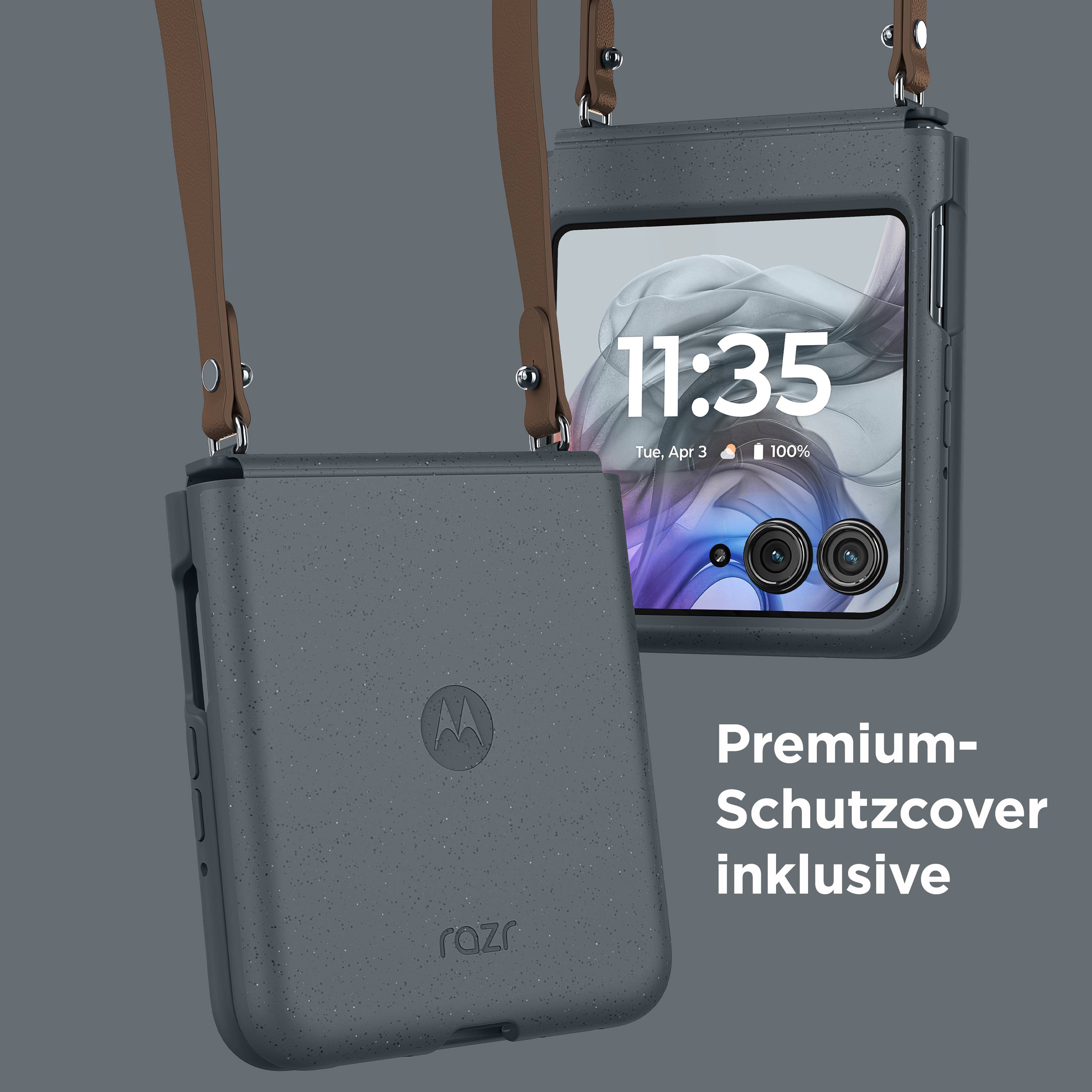 Klappbares Smartphone mit Dual-Kamera und Schutzhülle mit braunen Riemen. Text: 'Premium-Schutzcover inklusive'.