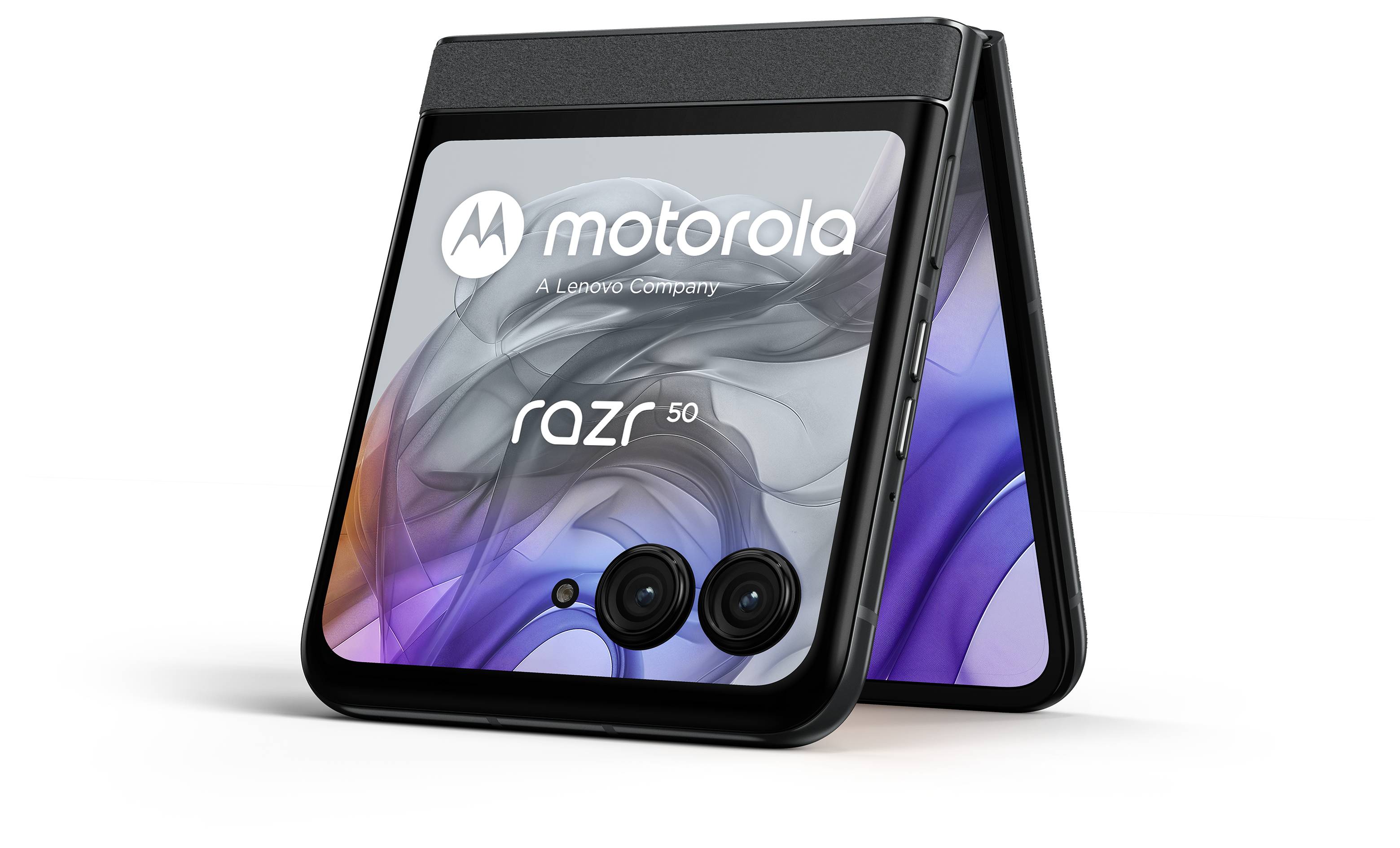 Ein schwarzes, klappbares Smartphone der Marke Motorola mit zwei Kameraobjektiven auf der äußeren Abdeckung, geöffnet im Winkel.