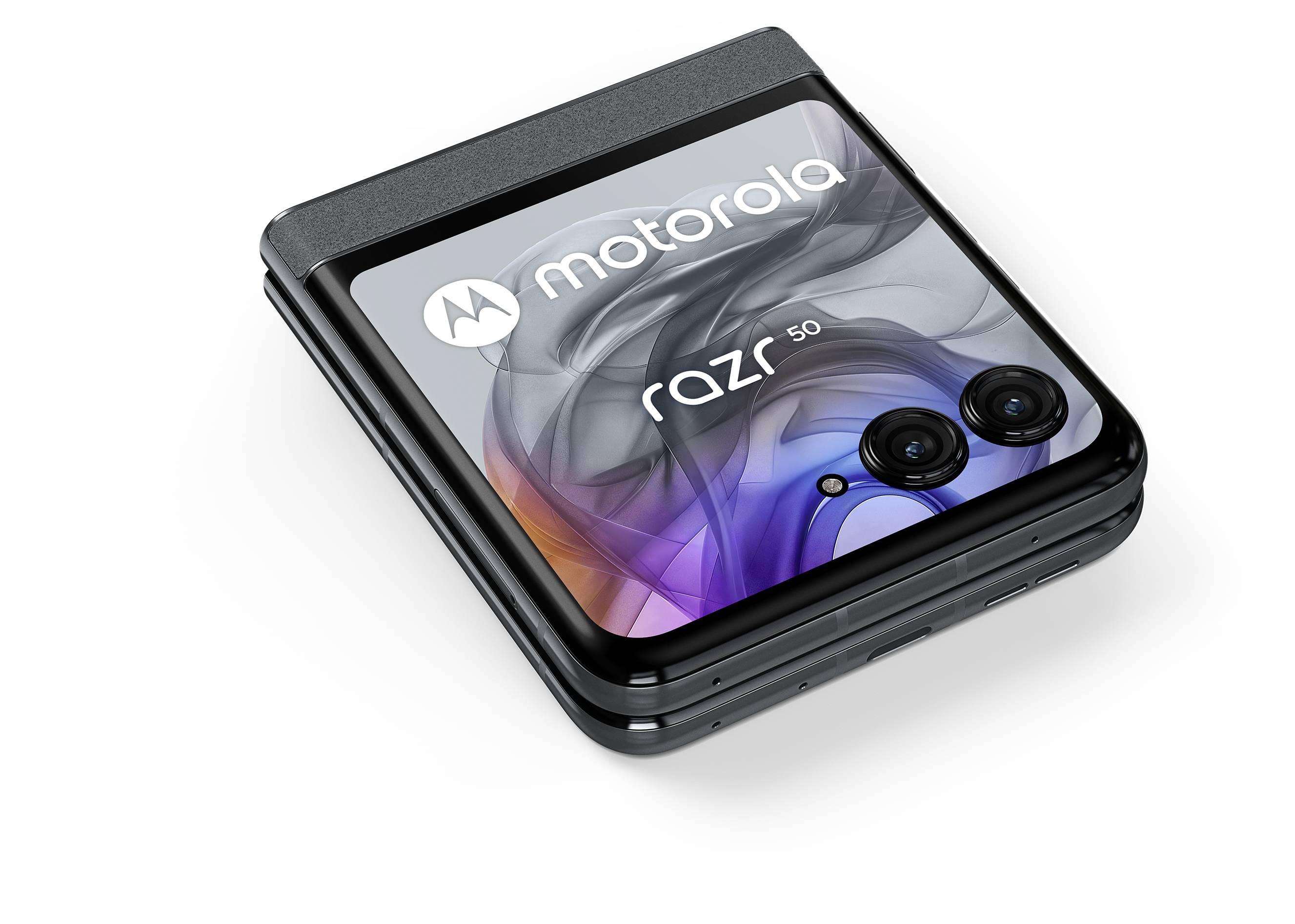 Ein zusammengeklapptes Motorola Razr 50 Smartphone mit Dual-Kameras und einem grafischen Bildschirmdesign auf der Vorderseite.