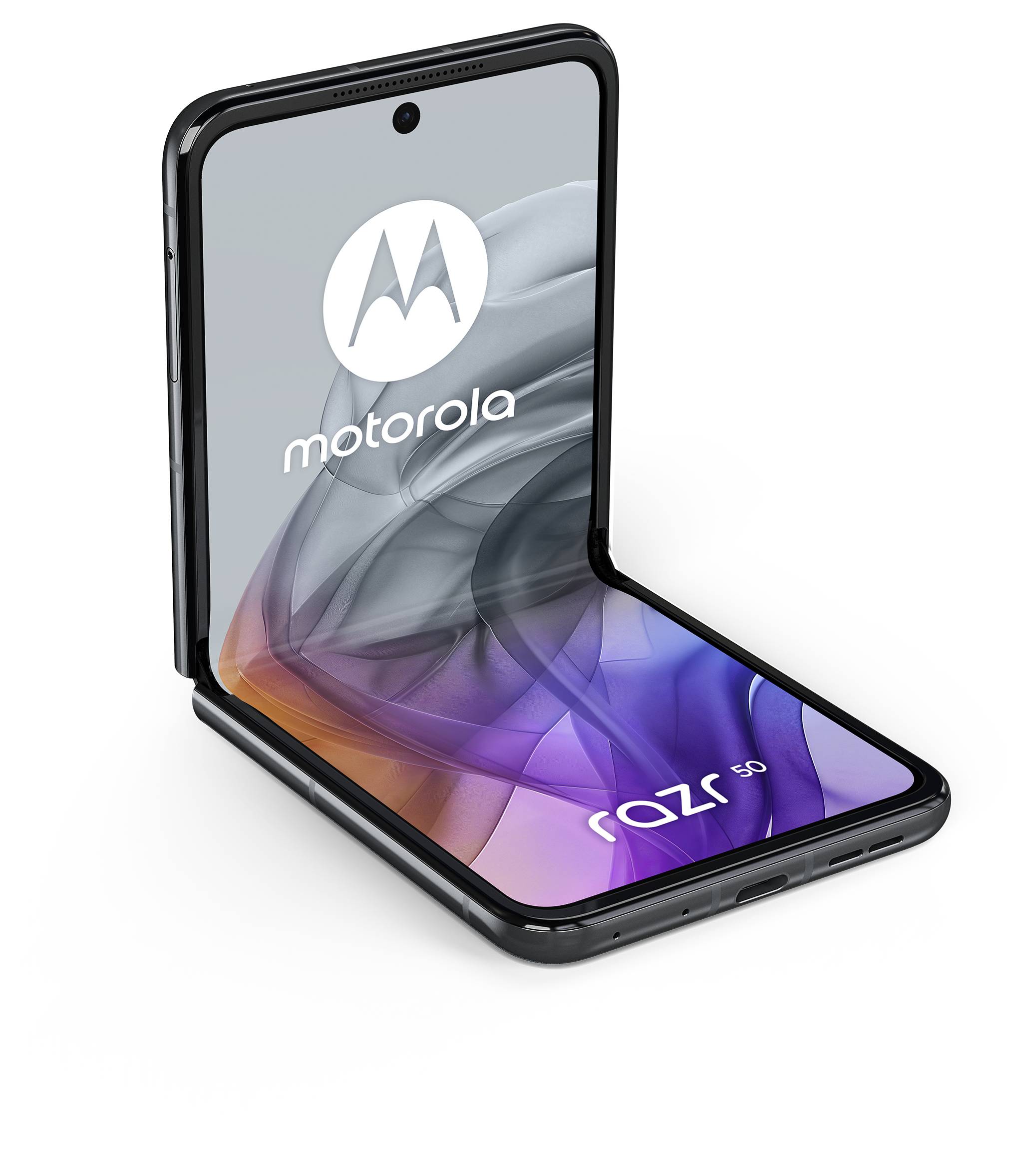 Ein aufgeklapptes, modernes Klapp-Smartphone mit Motorola-Logo auf dem Bildschirm und der Aufschrift 'razr 50', zeigt ein elegantes Design.