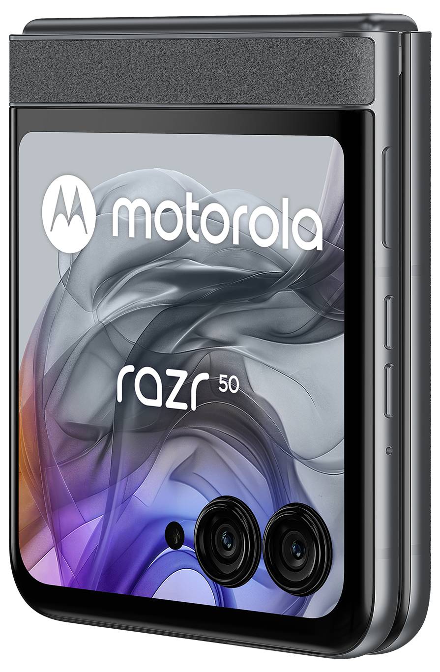 Zusammengeklapptes Smartphone-Modell mit zwei Kameras, abstraktem Hintergrund und den Markenlogos 'motorola' und 'razr 50'.
