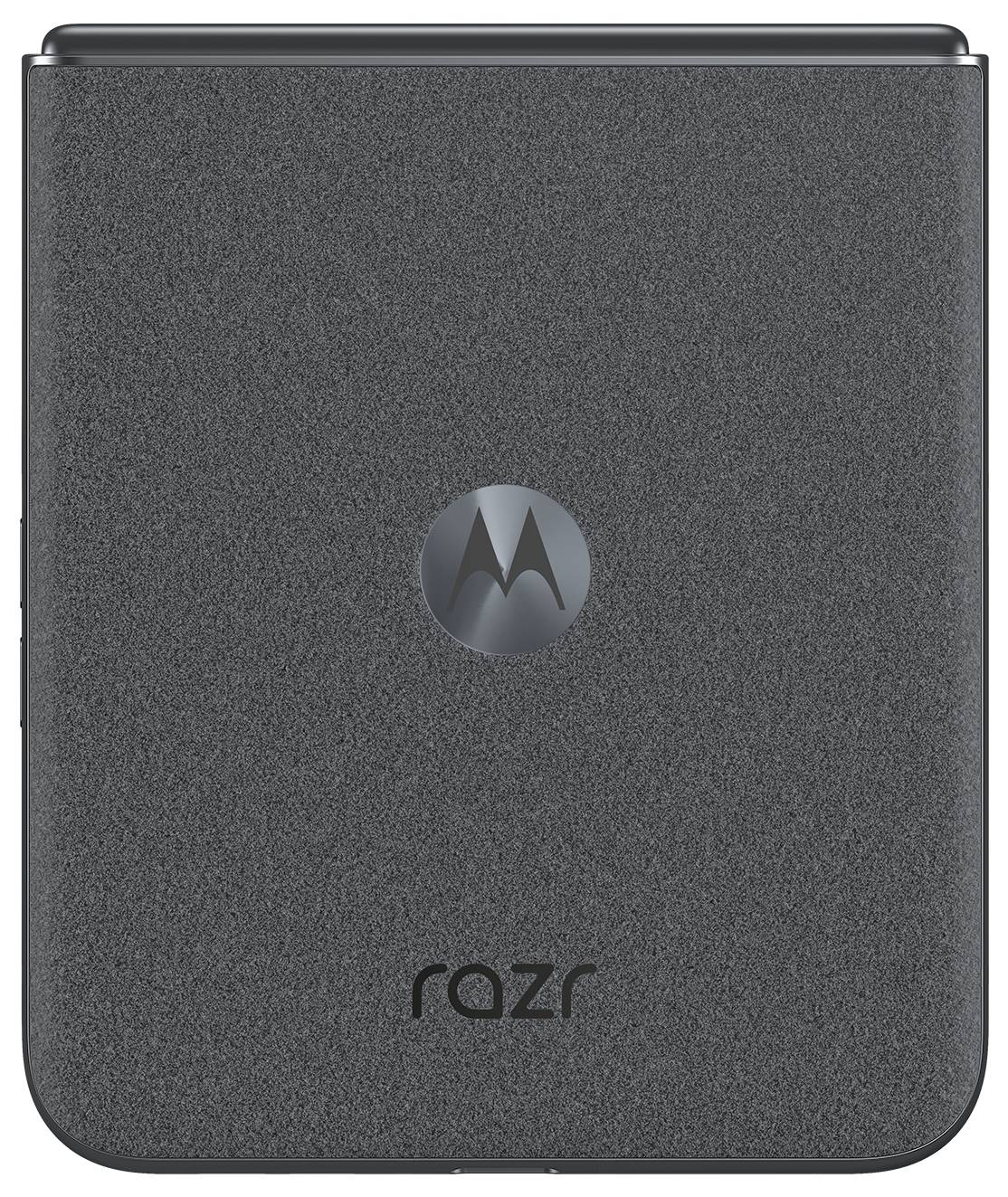 Graues, geschlossenes Klapphandy mit 'razr' und einem stilisierten 'M'-Logo auf der Vorderseite.