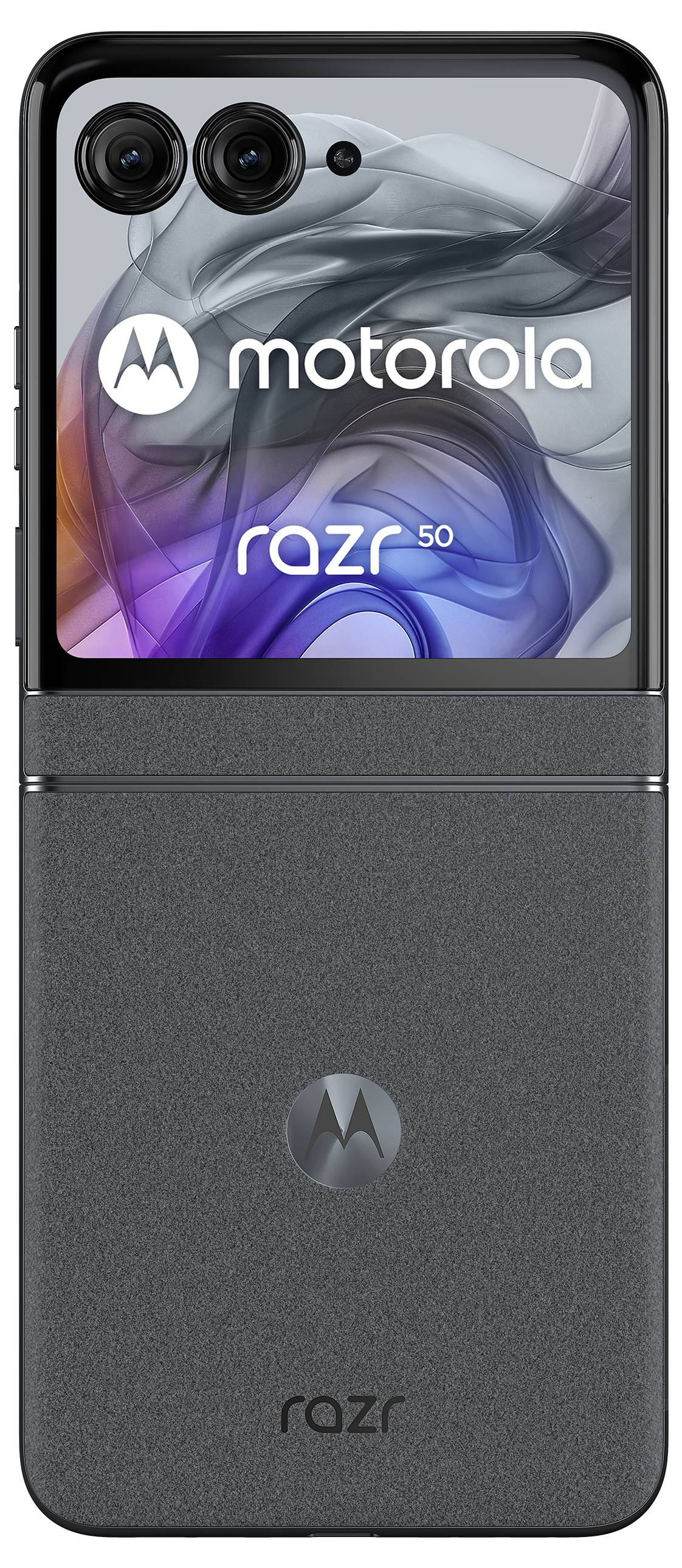 Ein modernes Smartphone mit zwei Kameralinsen und einem Display mit dem Schriftzug 'motorola razr 5G', sowie dem Motorola-Logo.