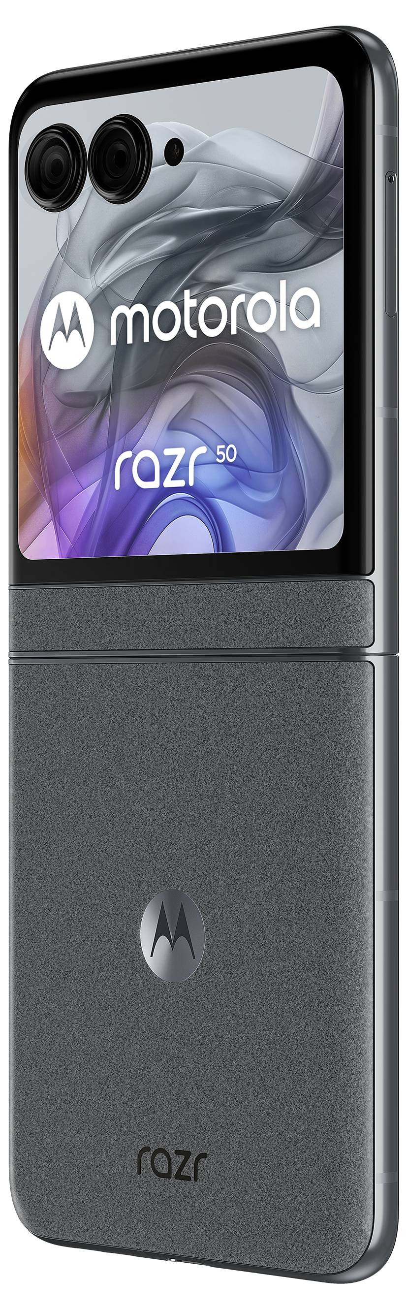 Faltbares Smartphone von Motorola mit zwei Kameras auf der Rückseite, Logo 'razr' auf dem Vorderdisplay. Graue, matte Oberfläche.