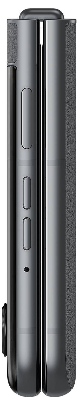 Ein zusammengeklapptes, schwarzes, faltbares Smartphone von der Seite gezeigt, das Knöpfe und ein Scharnier auf der Rückseite zeigt.