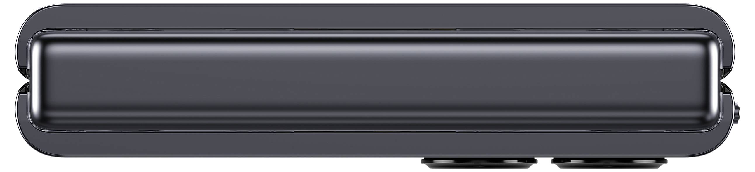 Zusammengeklapptes, modernes, rechteckiges Gerät in dunkler Farbe. Draufsicht zeigt schlankes Design mit abgerundeten Kanten.