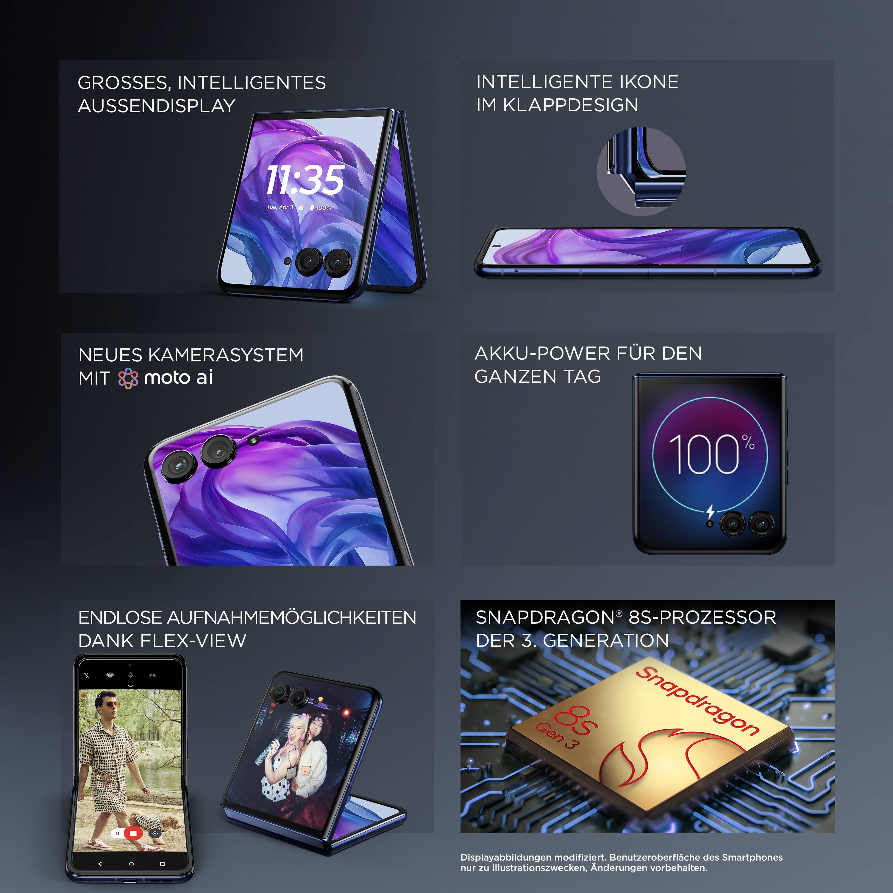 Faltbares Smartphone mit großem Außendisplay und intelligentem Kamerasystem. Akku hält den ganzen Tag. Snapdragon 8+ Prozessor.