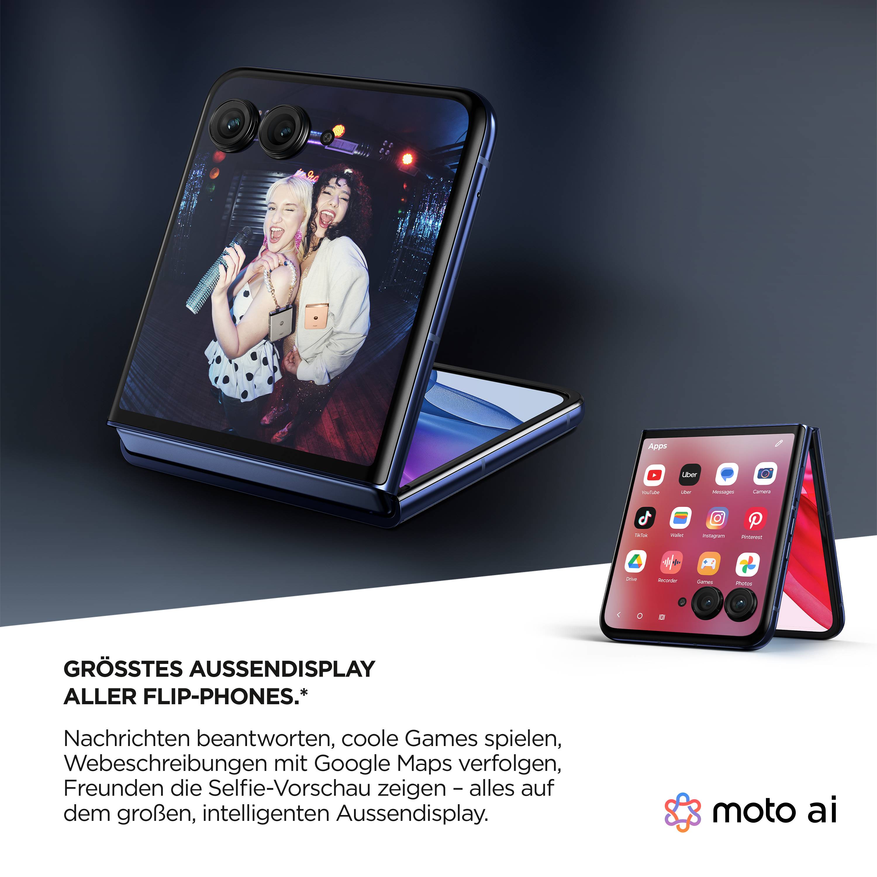 Ein aufgeklapptes Flip-Phone mit großem Außendisplay zeigt eine fröhliche Party-Szene. Rechts daneben das Handy zusammengeklappt.