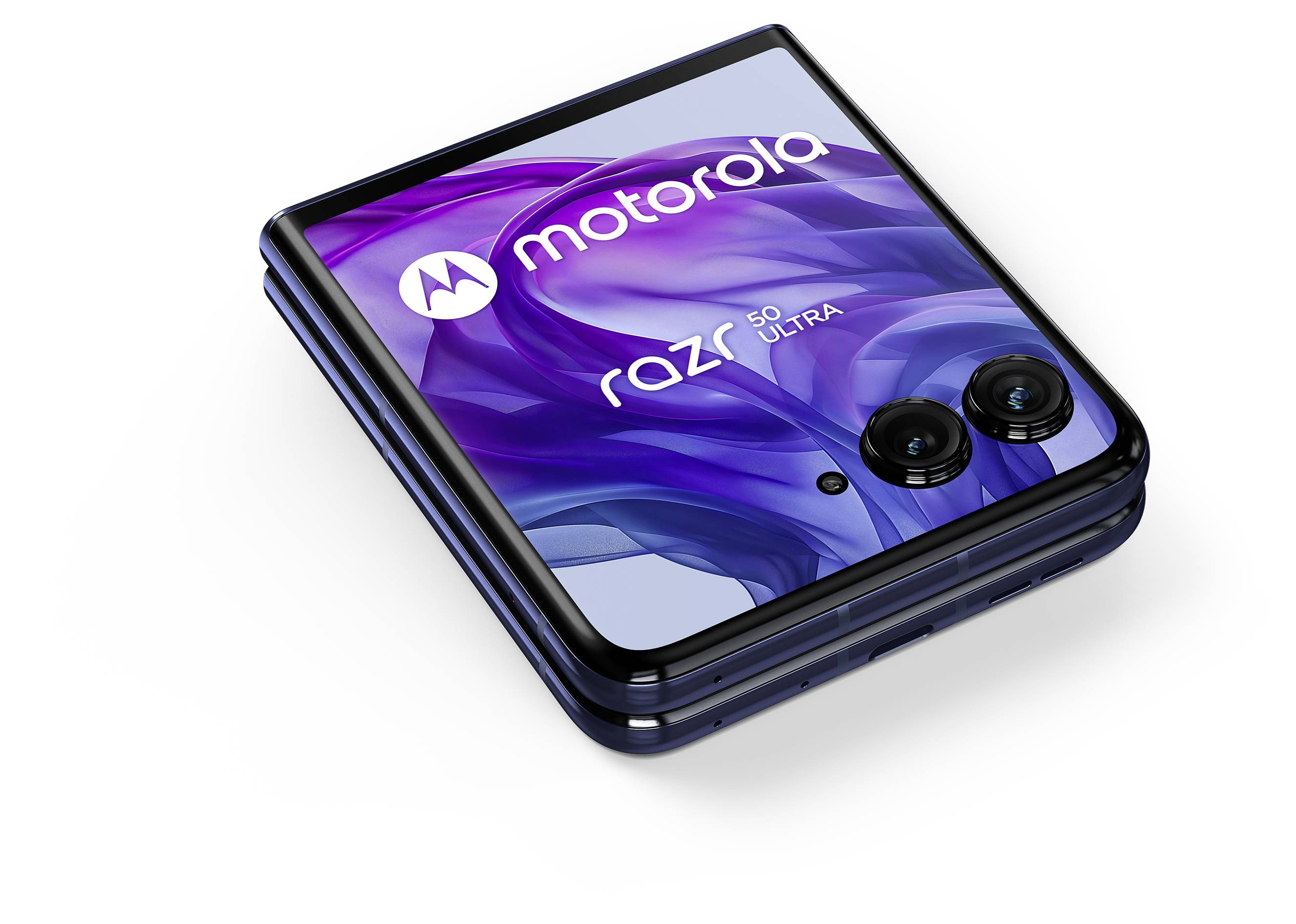 Klappbares Smartphone von Motorola mit dualer Rückkamera und modernes Design mit lilafarbenem Muster auf dem Bildschirm.