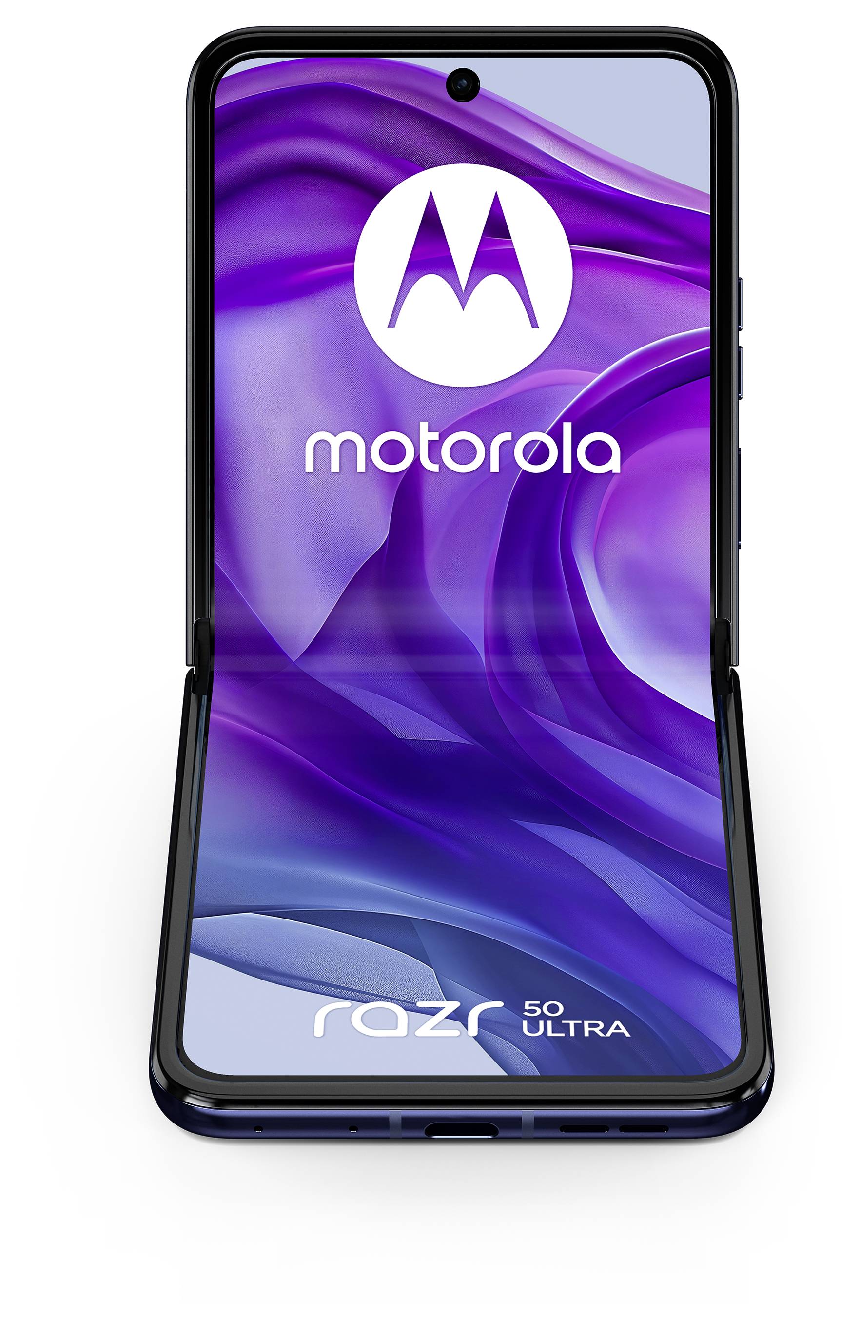 Ein aufgeklapptes Motorola Razr Handy in Lila mit dem Motorola-Logo und der Aufschrift 'razr 50 ultra' auf dem Bildschirm.