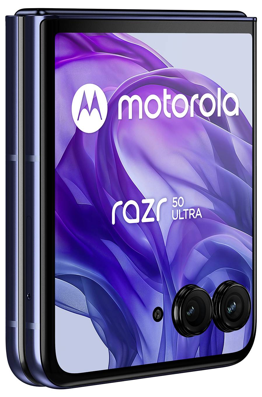 Smartphone mit faltbarem Display zeigt das Motorola-Logo. Zwei Kameraobjektive unten. Gerät in blauem Ton.