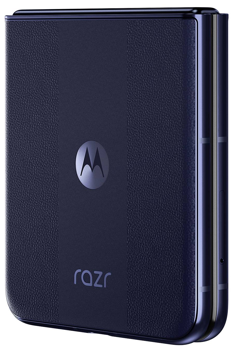Ein zusammengeklapptes Smartphone mit glänzendem Logo auf der Rückseite und dem Schriftzug 'razr' im unteren Bereich.