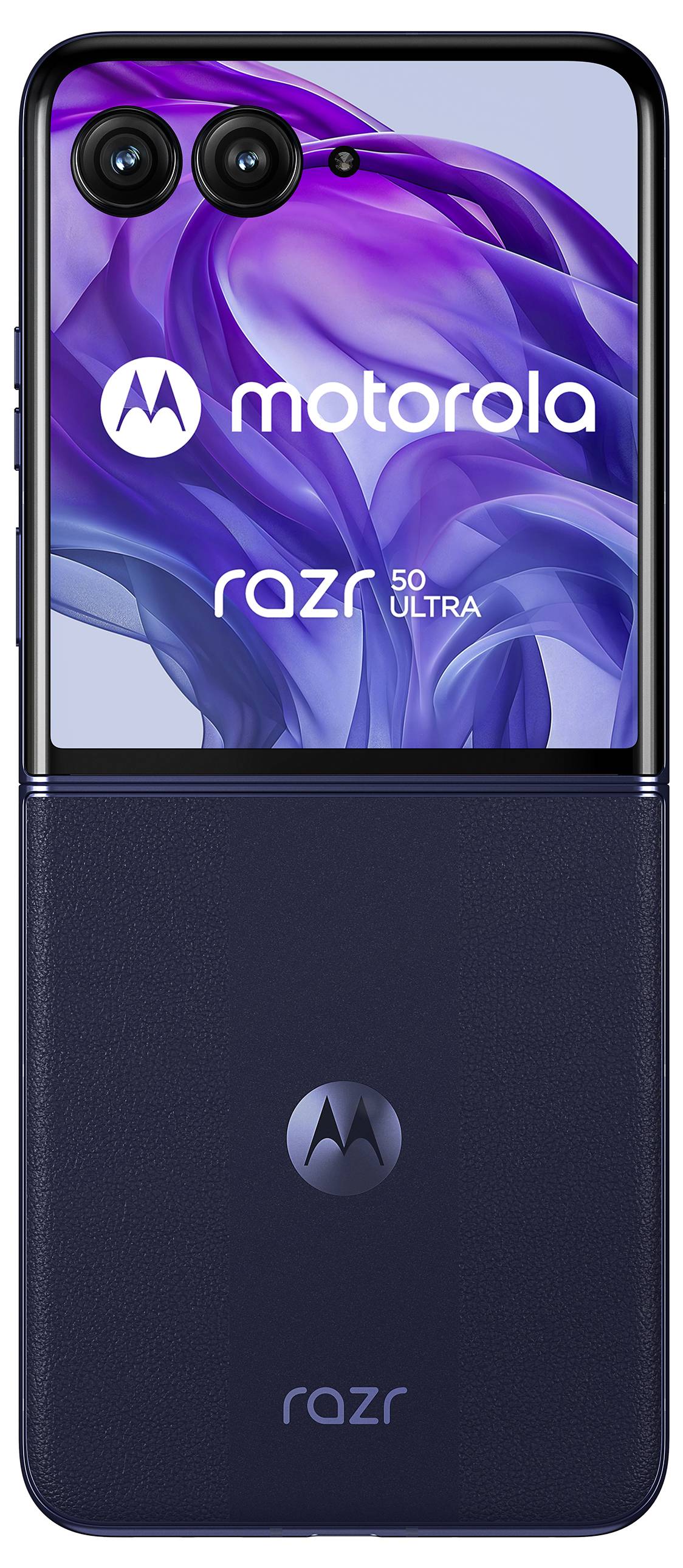 Ein Motorola Razr 50 Ultra Smartphone mit zwei Kameralinsen und Motorola-Logo. Oben ein Display mit 'motorola razr 50 ultra'-Schriftzug.