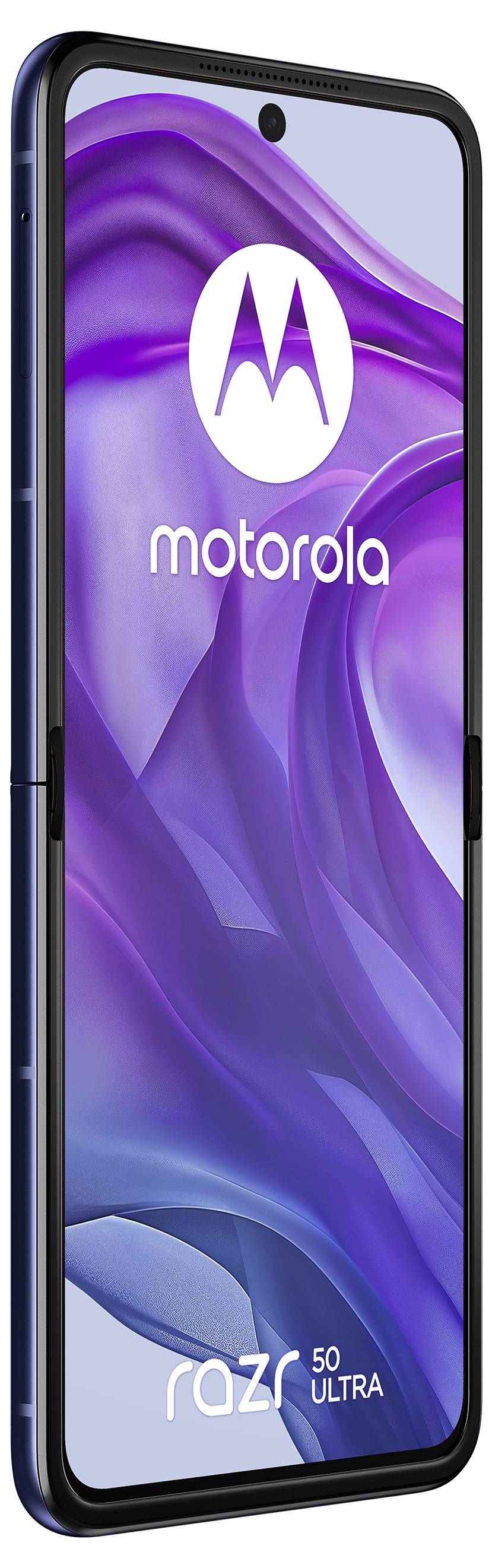 Ein klappbares Smartphone mit lila Hintergrund auf dem Bildschirm. Markenlogo 'Motorola' und der Text 'razr 50 Ultra' sind sichtbar.