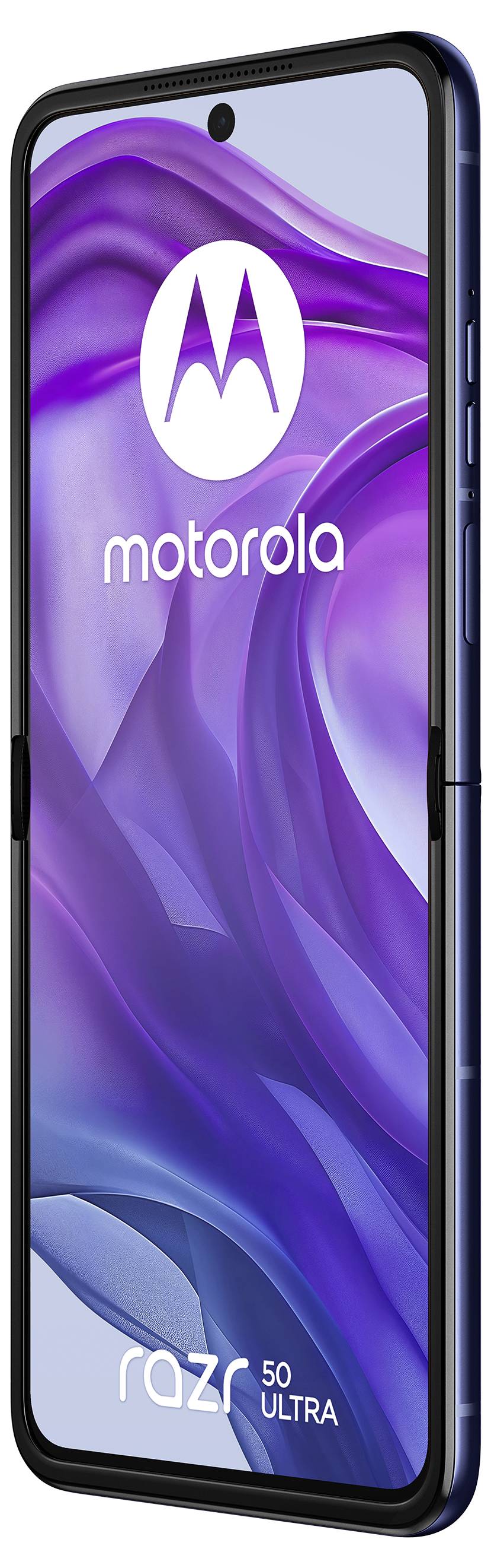 Smartphone in seitlicher Ansicht mit lilafarbener Wellen-Hintergrund auf dem Display. Logo und Schriftzug 'Motorola' und 'razr 50 ultra' sichtbar.