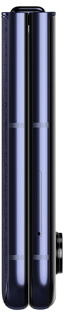 Ein schwarzes, zusammengeklapptes Smartphone mit blauem Stahlrahmen, von der Seite betrachtet.