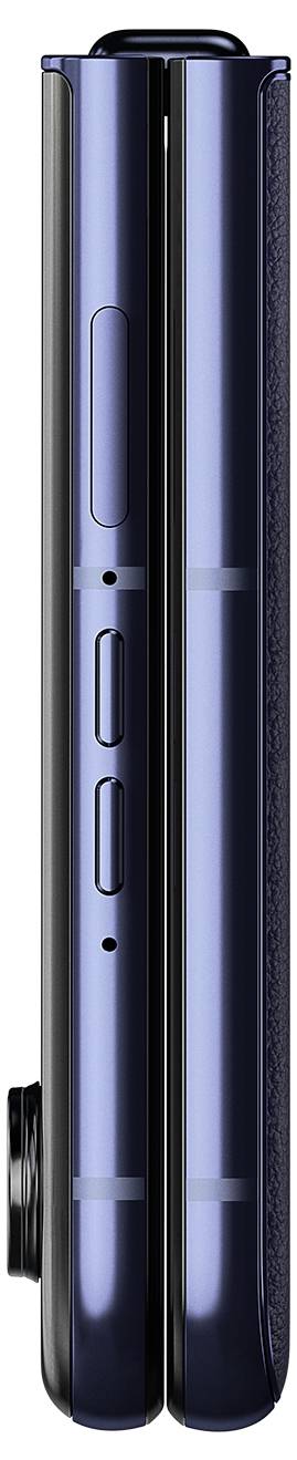 „Smartphone“ von der Seite gezeigt, in geschlossenem Zustand. Faltbare Struktur sichtbar mit Kameraelement auf der Rückseite.